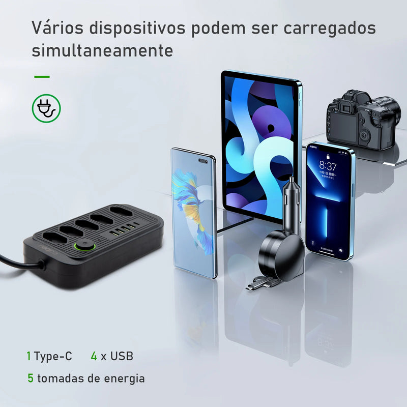 Cabo Extensão 5m Power Trio: Tomadas, USB e Tipo-C com Proteção Avançada