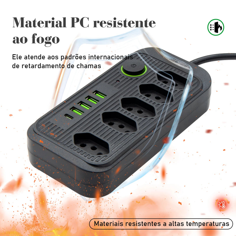 Cabo Extensão 5m Power Trio: Tomadas, USB e Tipo-C com Proteção Avançada